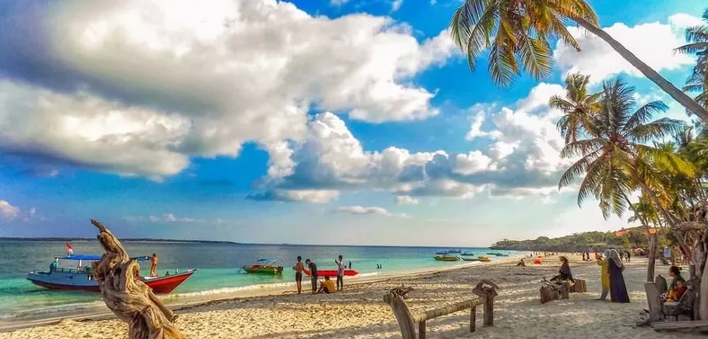 Tropical beach scene with palm trees, white sand, calm turquoise water, and several small boats near shore under a blue sky with clouds.