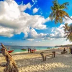Tropical beach scene with palm trees, white sand, calm turquoise water, and several small boats near shore under a blue sky with clouds.