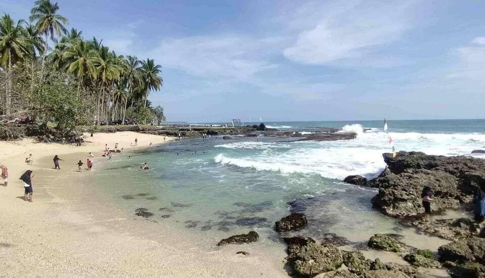 Tropical beach scene with palm trees, calm turquoise water, and people wading near the shore while rocky outcrops edge the ocean.
