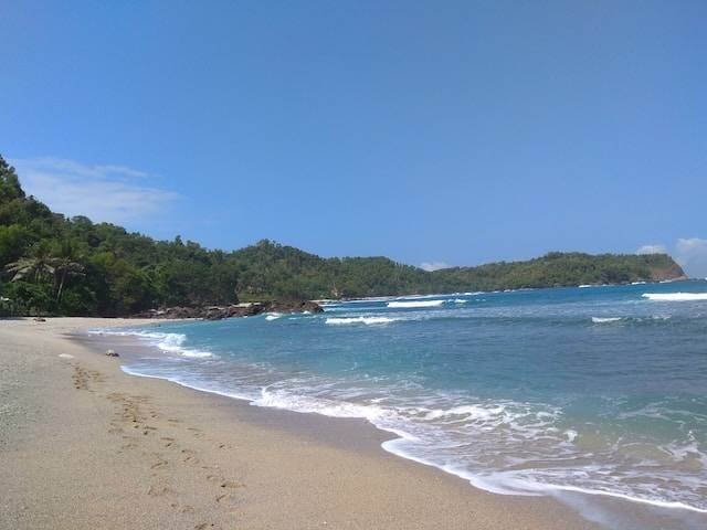 Sunny tropical beach with golden sand, turquoise water, and a forested headland in the distance.