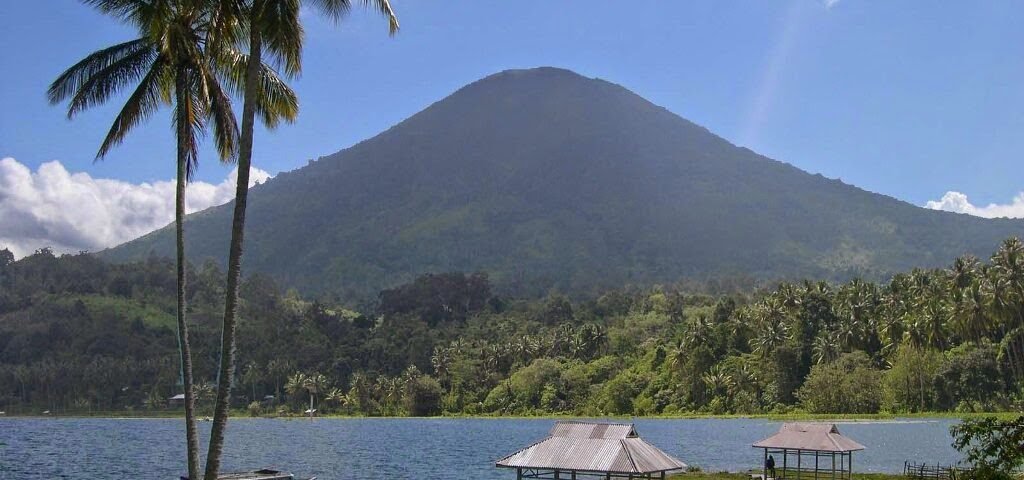 Tropical lakeside scene with two tall palm trees, a calm lake, and a green mountain in the background under a blue sky.