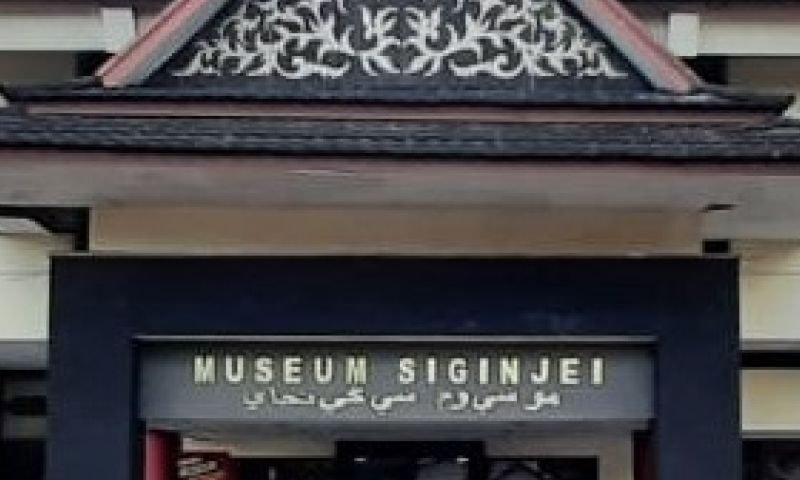 Front view of a museum entrance with a decorative triangular gable and a sign reading 'MUSEUM SIGINJEI' above the doors, flanked by planters.