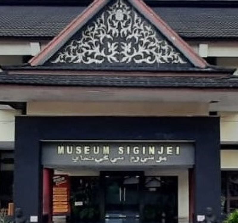 Front view of a museum entrance with a decorative triangular gable and a sign reading 'MUSEUM SIGINJEI' above the doors, flanked by planters.