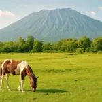 Horse grazing in a green field with a large mountain in the background, under a blue sky.