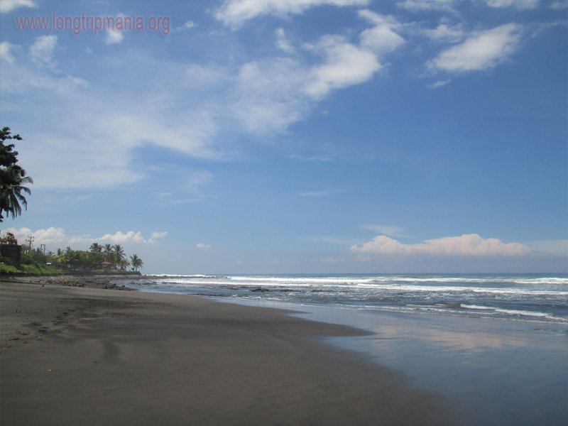 Beach scene with dark wet sand, gentle waves, and palm trees along the left shore.
