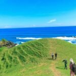 Three hikers walk along a bright green coastal hill with the blue ocean and waves in the background.