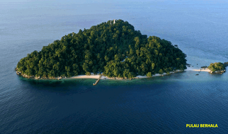 Aerial view of a lush, forested island with sandy beaches and a wooden pier extending into calm blue water.