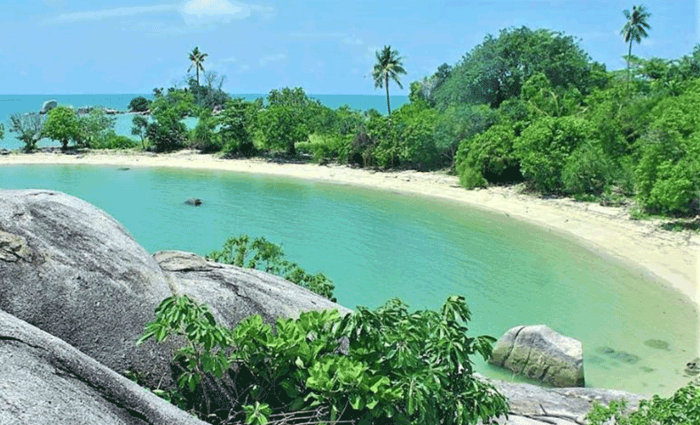 Tropical beach with turquoise water, white sand, and green palm trees framed by large gray rocks in the foreground.