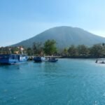 Blue passenger boats anchored near a tropical shoreline with a forested mountain in the distance.