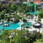 Aerial view of a resort water park with turquoise pools, twisting green slides, and palm trees scattered around.