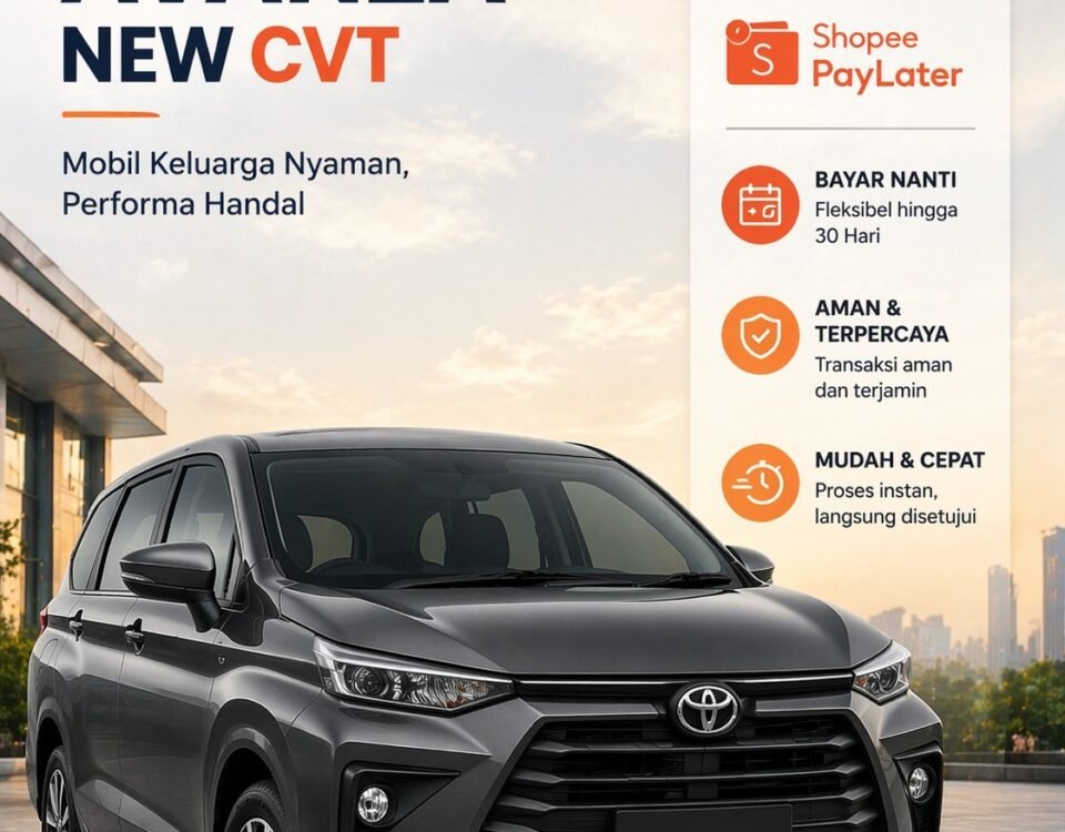 Promotional banner for Toyota Avanza New CVT featuring a gray SUV and a right-side panel with payment options (Shopee PayLater, flexible payments).