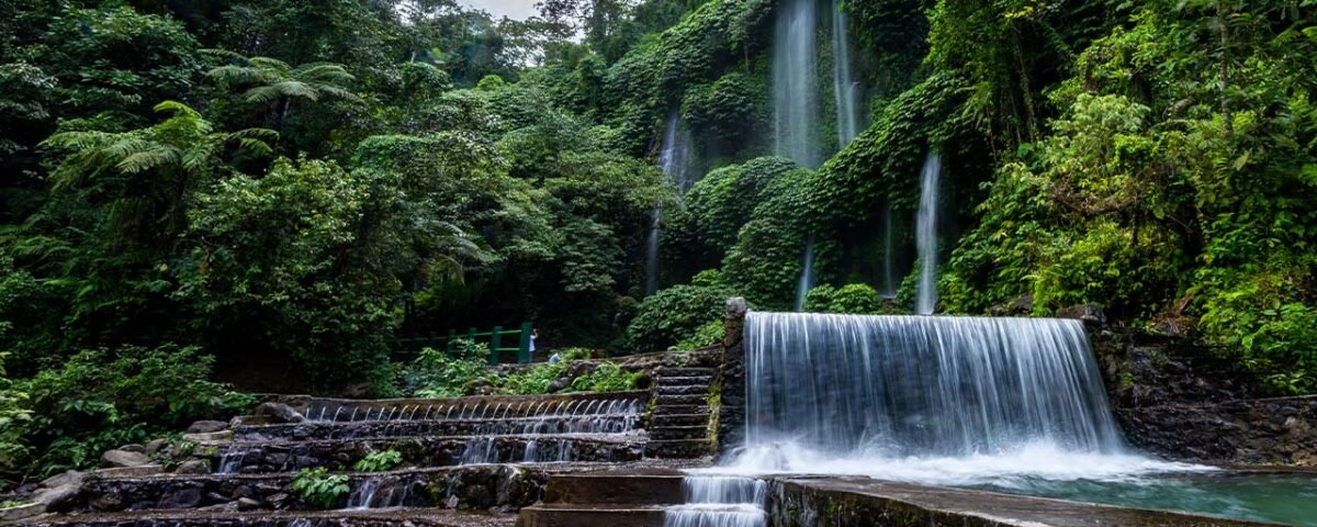 Tiered stone steps with a cascading waterfall in a dense tropical forest setting