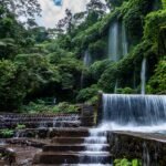 Tiered stone steps with a cascading waterfall in a dense tropical forest setting
