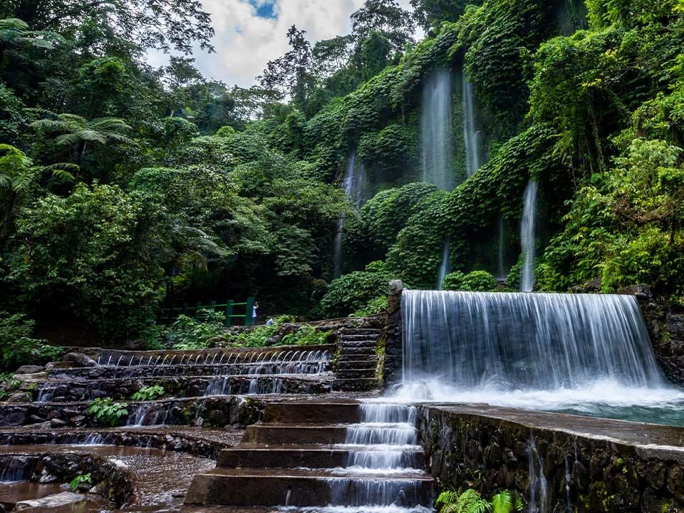 Tiered stone steps with a cascading waterfall in a dense tropical forest setting