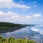 A tropical beach with dark sand, palm trees along the shore, and rolling waves under a partly cloudy sky.