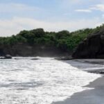 Black-sand beach with foamy waves and tree-covered cliffs in the distance.