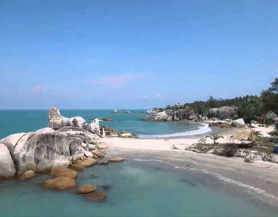 Tropical beach scene with large granite boulders along a turquoise sea and a sandy shore under a clear blue sky, with trees on the right.