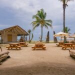 Beachside cafe area with wooden picnic tables, swings, palm trees, and a thatched hut overlooking the ocean.