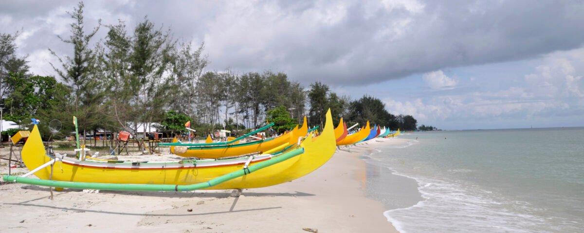 Row of bright yellow and green outrigger fishing boats on a sandy beach with trees and a cloudy sky.