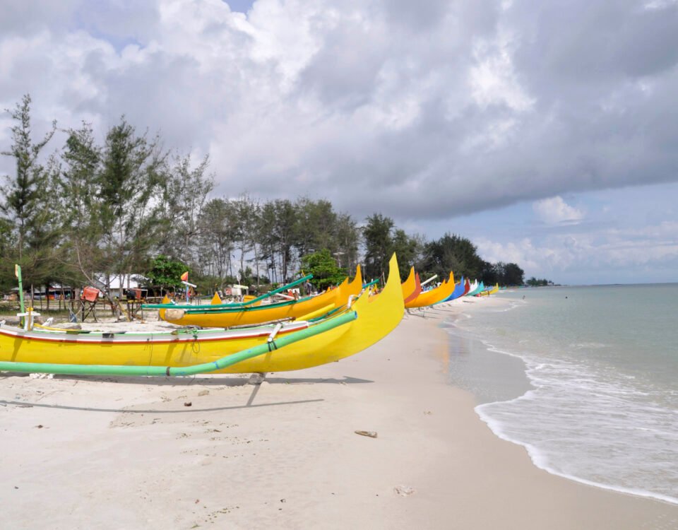 Row of bright yellow and green outrigger fishing boats on a sandy beach with trees and a cloudy sky.
