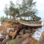 Rope suspension bridge spanning from rocky cliff to a small tree-covered island by the sea.
