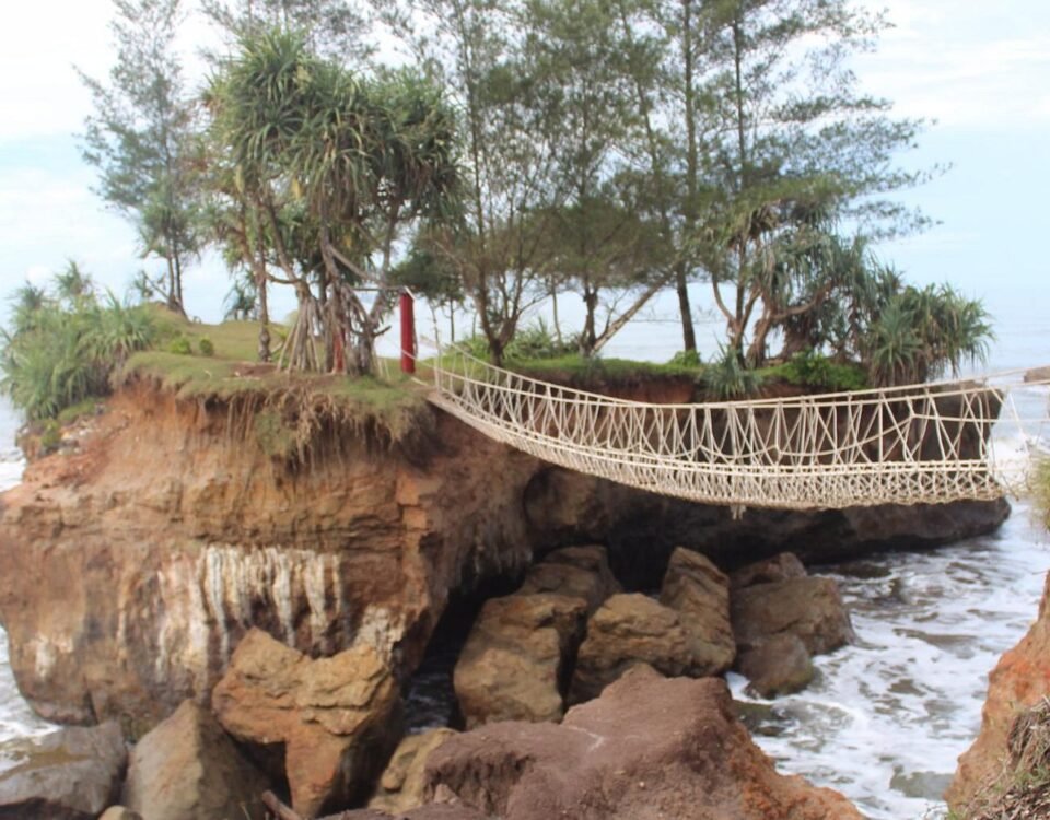 Rope suspension bridge spanning from rocky cliff to a small tree-covered island by the sea.