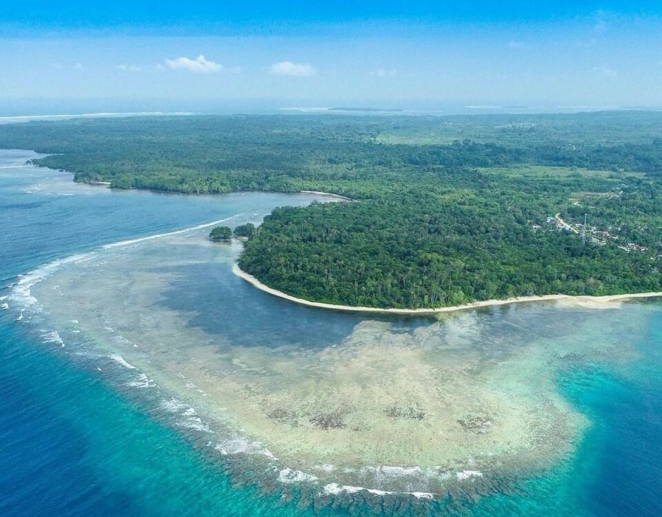 Aerial view of a tropical island with dense green forest, white-sand beaches, and a turquoise lagoon encircled by a coral reef.