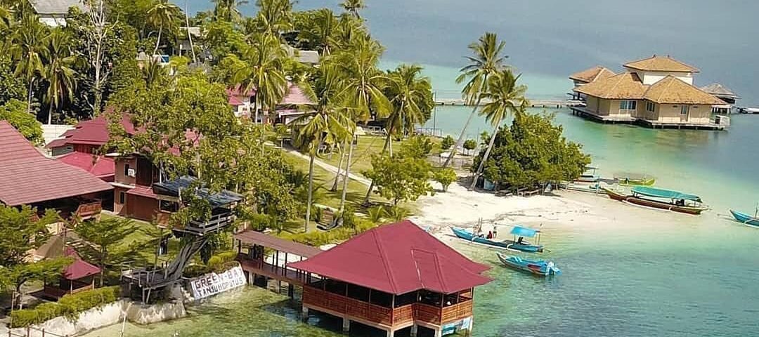 Tropical shoreline with palm trees, thatched-roof huts on stilts, and turquoise water; boats docked along a wooden pier.
