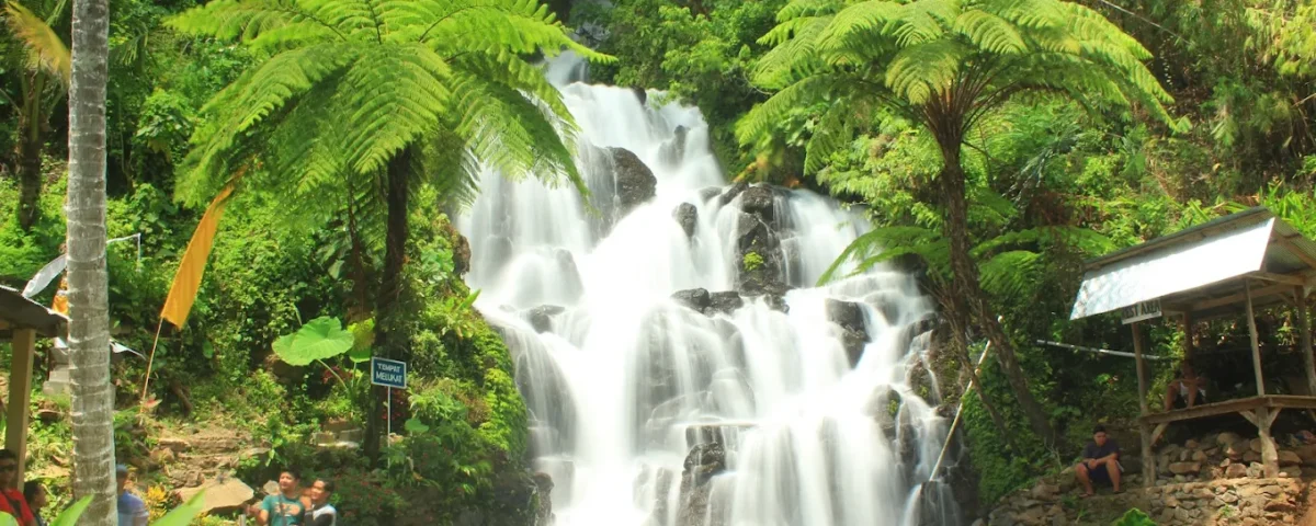 Waterfall cascades over rock steps in a lush tropical garden with visitors nearby and a viewing railing in the foreground.