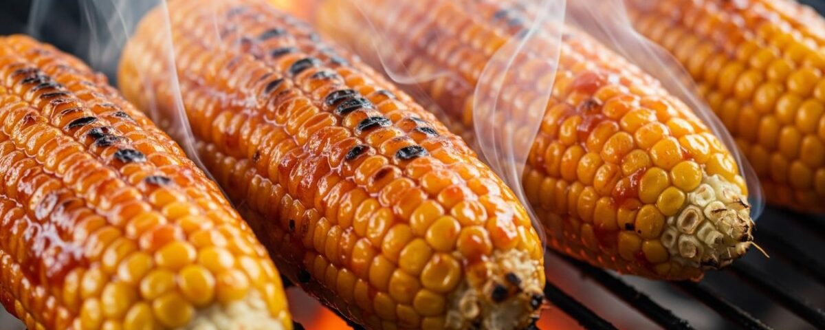 Grilled corn on the cob with smoke rising, cooking over an open flame on a barbecue grill