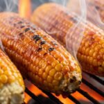 Grilled corn on the cob with smoke rising, cooking over an open flame on a barbecue grill