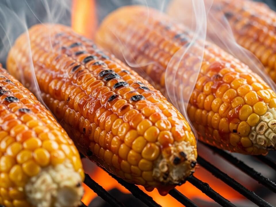 Grilled corn on the cob with smoke rising, cooking over an open flame on a barbecue grill