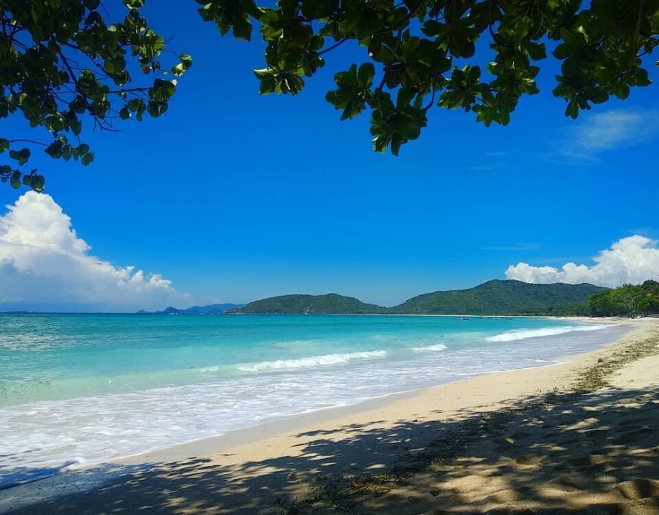 Sunny tropical beach with white sand, turquoise water, and distant green hills framed by leafy branches overhead.