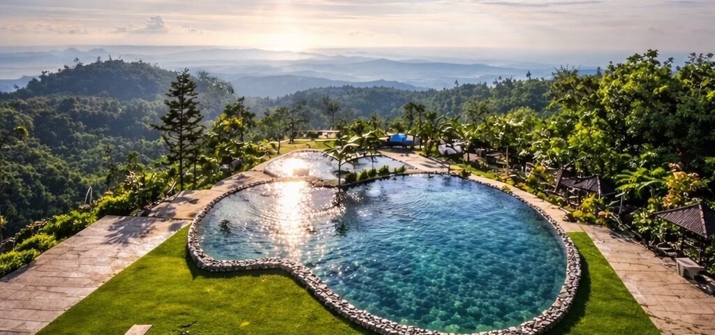 Sunlit hilltop resort with a kidney-shaped pool, wooden deck, and row of lounge chairs overlooking distant mountains and sea.