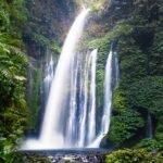 Waterfall pouring over a lush, mossy cliff into a rocky pool, surrounded by dense tropical jungle greenery