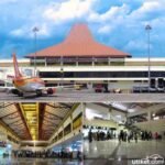 Collage of airport scenes: exterior terminal with red roof and a parked jet at the gate; interior concourse with shoppers and gates; spacious interior hall with skylights and people.