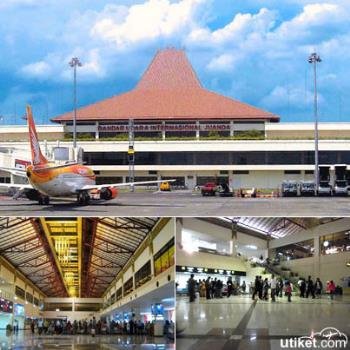 Collage of airport scenes: exterior terminal with red roof and a parked jet at the gate; interior concourse with shoppers and gates; spacious interior hall with skylights and people.
