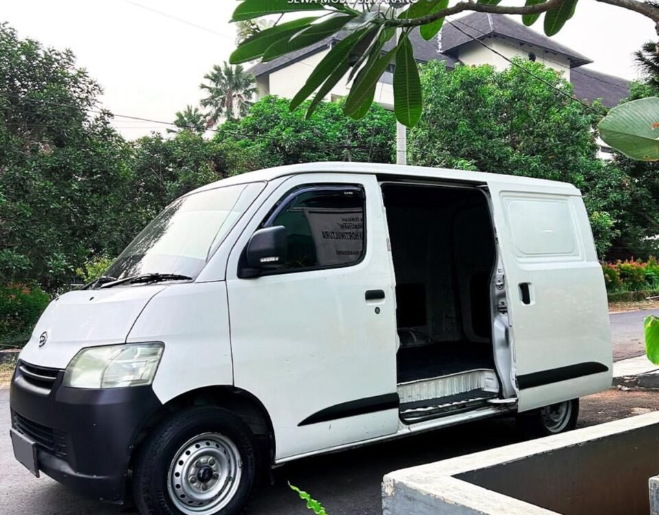 White cargo/van with its side door open, parked on a street with green plants and trees in the background.