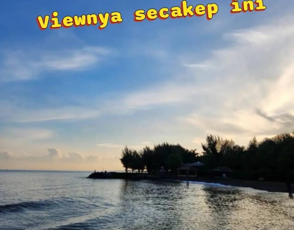 Beach at sunset with calm water and a tree-lined shore; bold yellow caption across the sky.