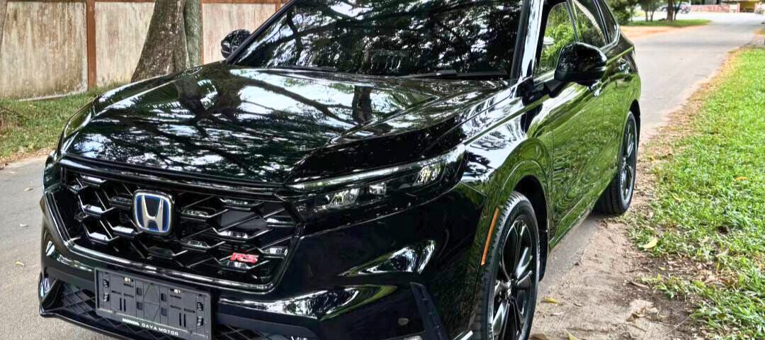 crv canvas - Dyantransport Black Honda SUV parked on a tree-lined street, glossy reflections on the hood and windows.