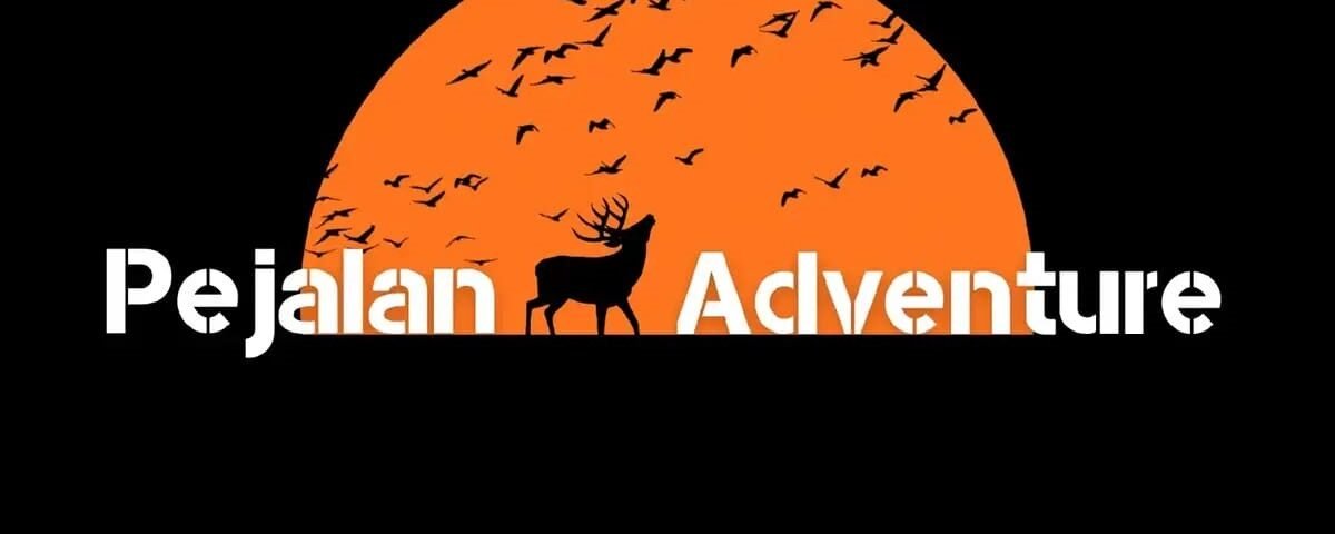 Logo for Pejalan Adventure featuring an orange half-sun with a deer silhouette and flocking birds on a black background, with bold white text.