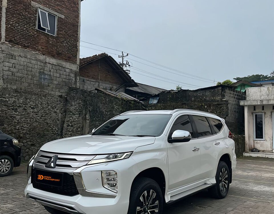 White SUV parked on a paved lot with brick buildings in the background; orange Dyan Transport logo on the front bumper area.