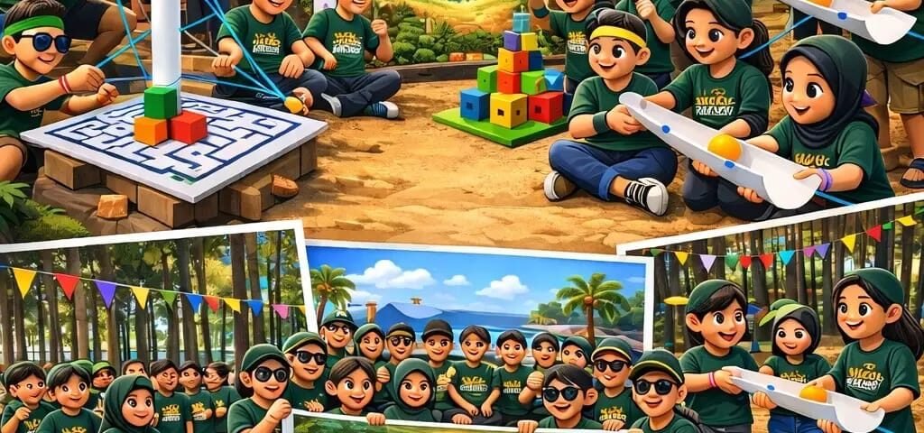 Group of people in matching green shirts at an outdoor jungle team-building event labeled 'Employee Gathering' with tents and colorful banners.