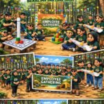 Group of people in matching green shirts at an outdoor jungle team-building event labeled 'Employee Gathering' with tents and colorful banners.