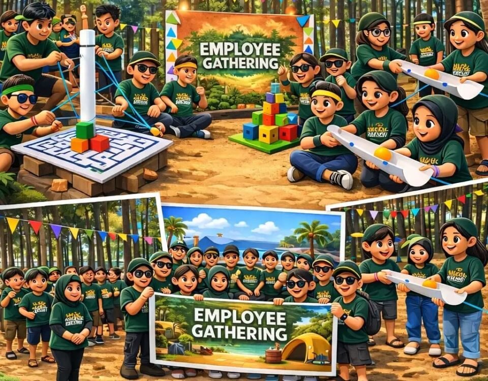 Group of people in matching green shirts at an outdoor jungle team-building event labeled 'Employee Gathering' with tents and colorful banners.