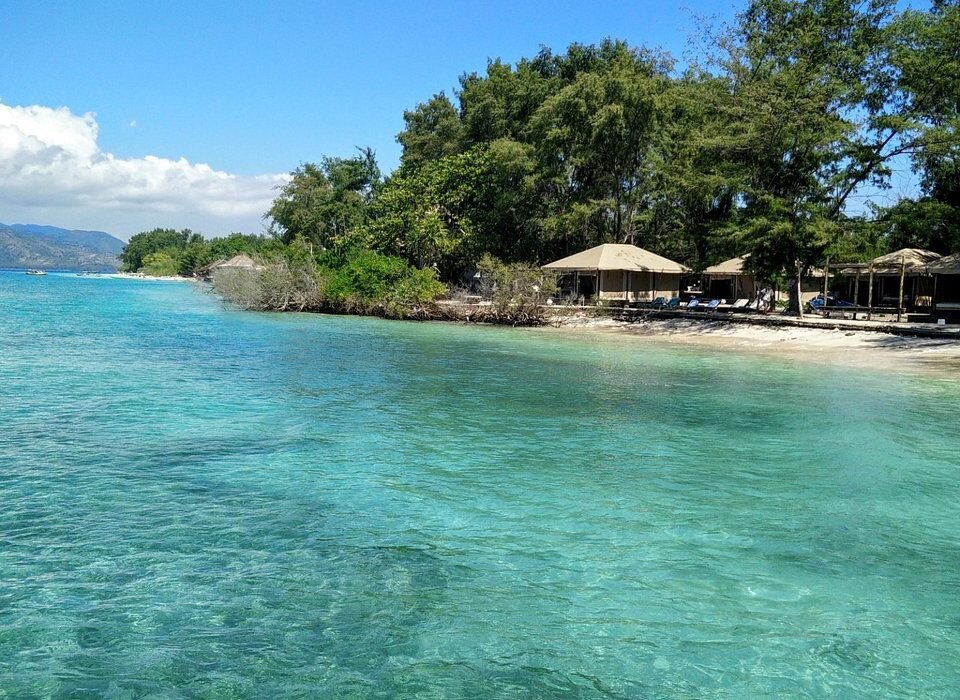 Turquoise water and a sandy beach lined with thatched umbrellas and trees along a sunny coastline.