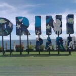 Large decorative letters with ocean-themed artwork mounted on posts at a seaside park, spelling a word or name beside the ocean view.