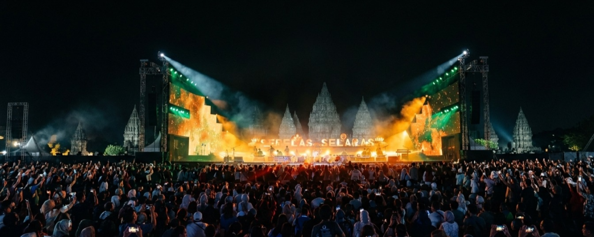 Nighttime outdoor concert with a large crowd, a brightly lit stage with orange and green lighting, and illuminated temple ruins in the background