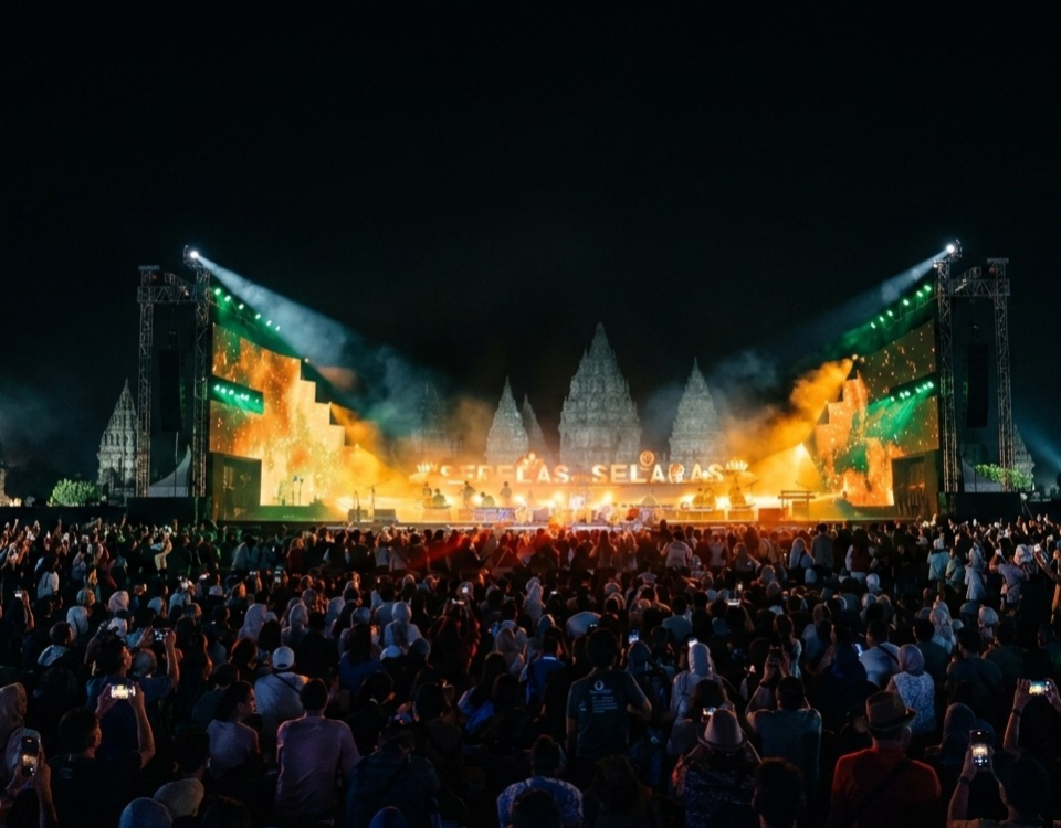Nighttime outdoor concert with a large crowd, a brightly lit stage with orange and green lighting, and illuminated temple ruins in the background