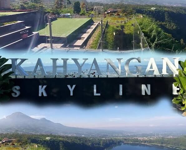 Terraced outdoor deck at Kahyangan Skyline with glass railing, greenery, and distant mountains.